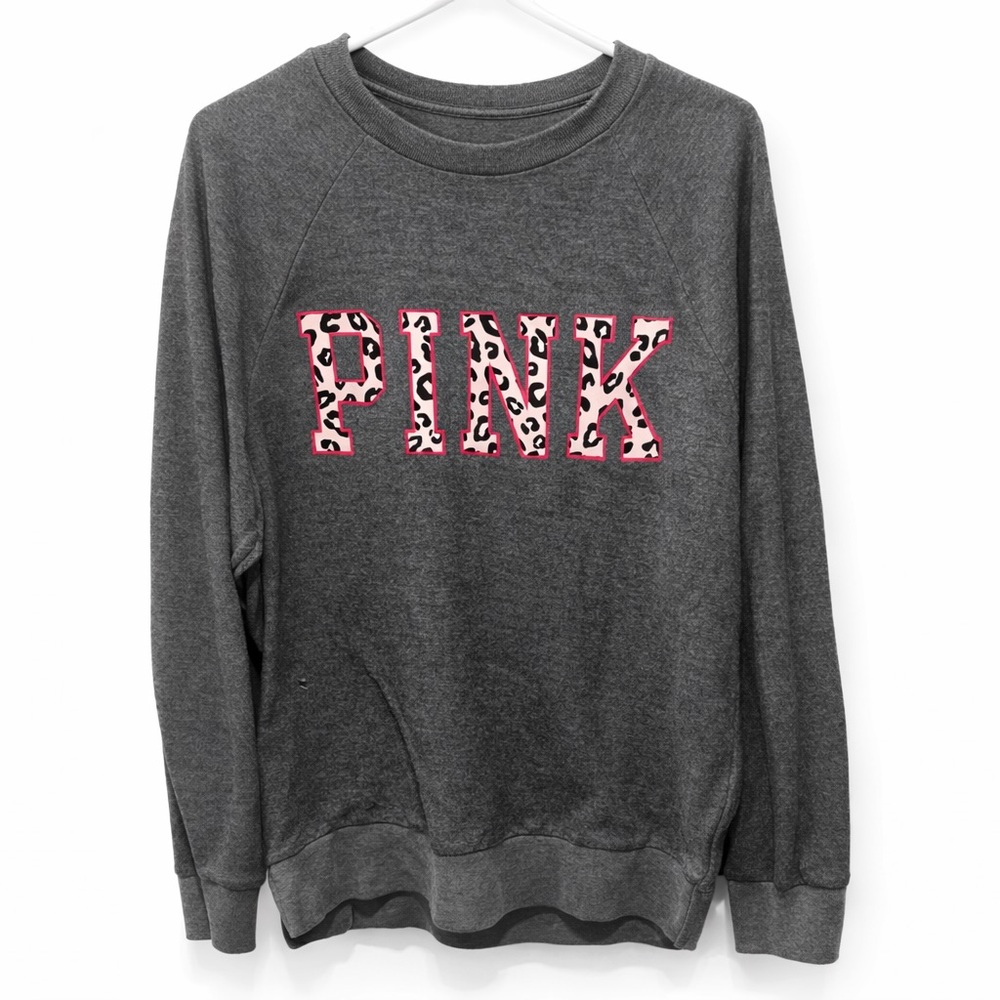 PINK XS OVERSIZED Victoria's Secret GRAY Charcoal Sweater with Leopard Logo